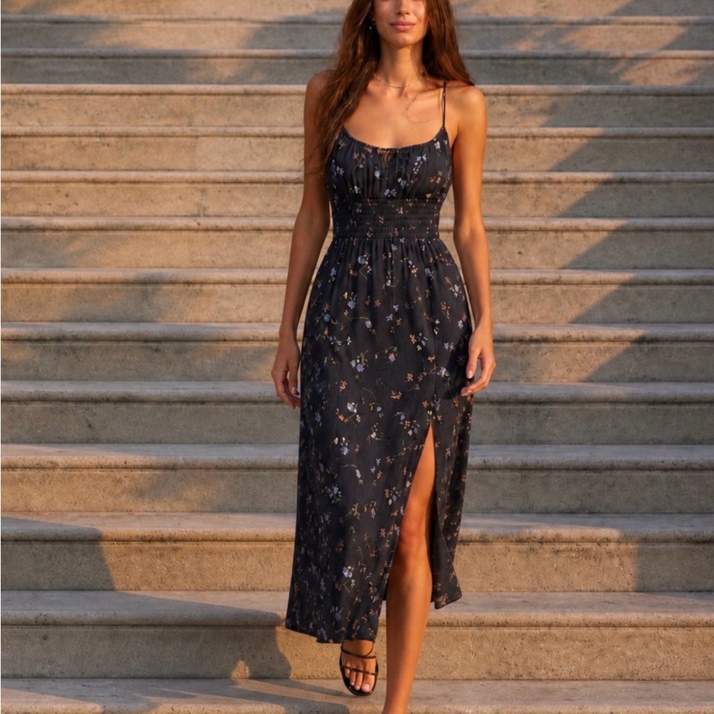 Wilfred Black Floral Midi Dress with Smocked Bodice